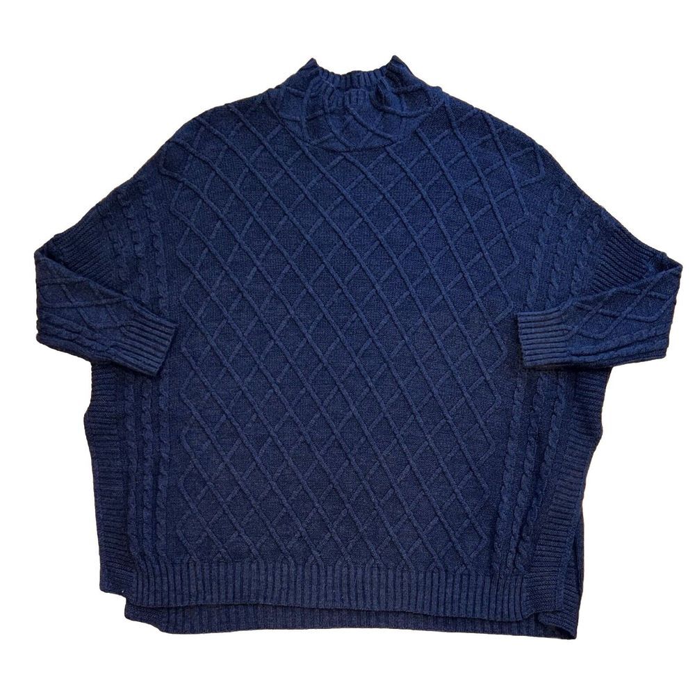 MerSea Sweater Lisbon Traveler Cable Knit Turtleneck Side Slit Tunic Blue OS
